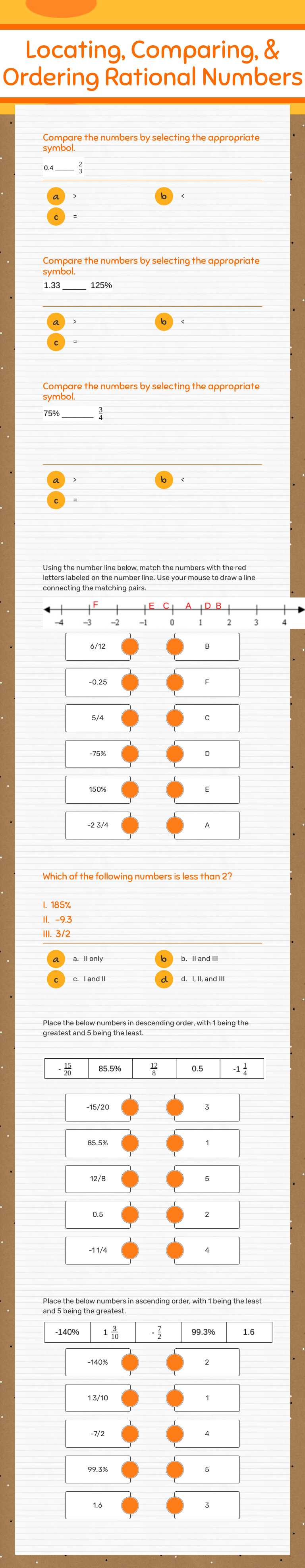 Locating, Comparing, & Ordering 
Rational Numbers Grade 6 worksheet preview