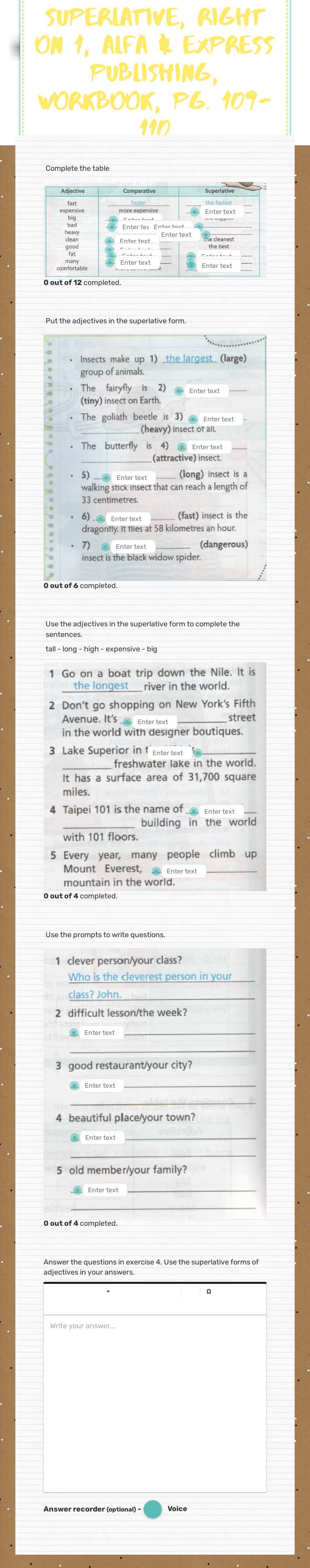 superlative, right on 1, alfa & express publishing, workbook, pg. 109-110 worksheet preview image