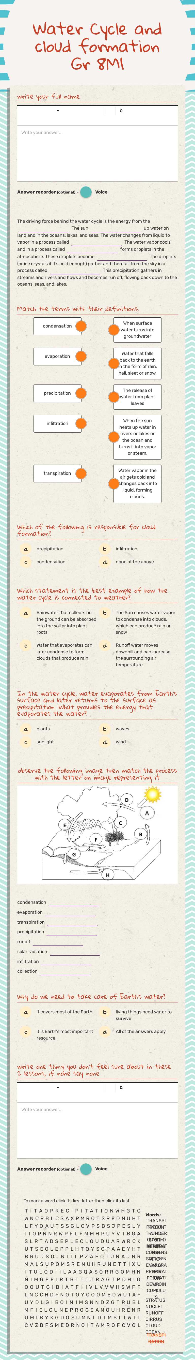 Water Cycle and cloud formation Gr 8M1 worksheet preview image