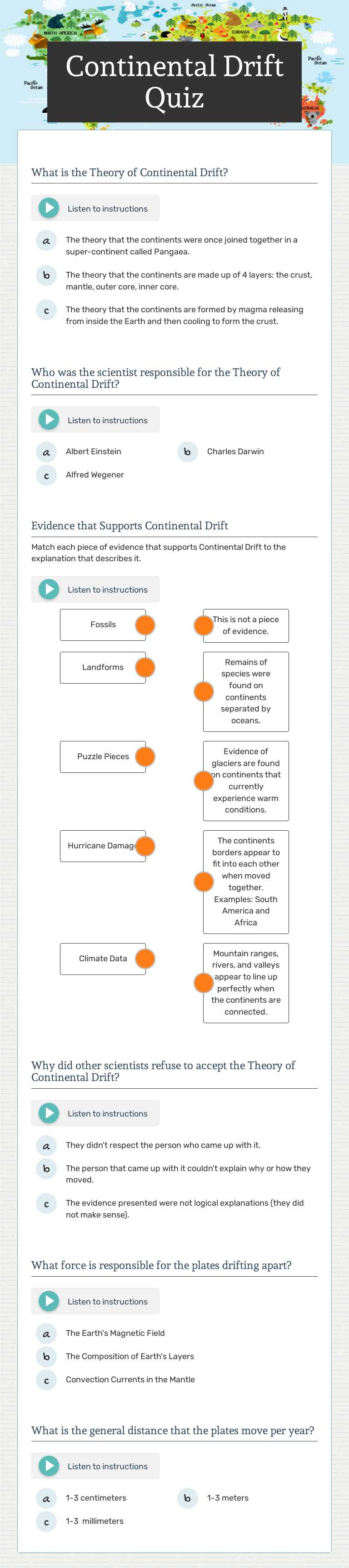 Continental Drift Quiz worksheet preview image