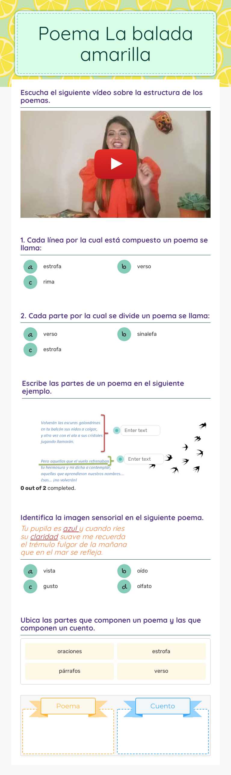 Poema La balada amarilla Grade 6 worksheet preview