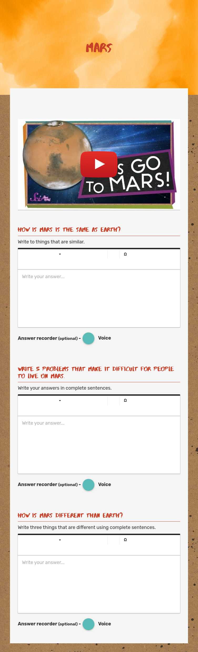 Mars worksheet preview image