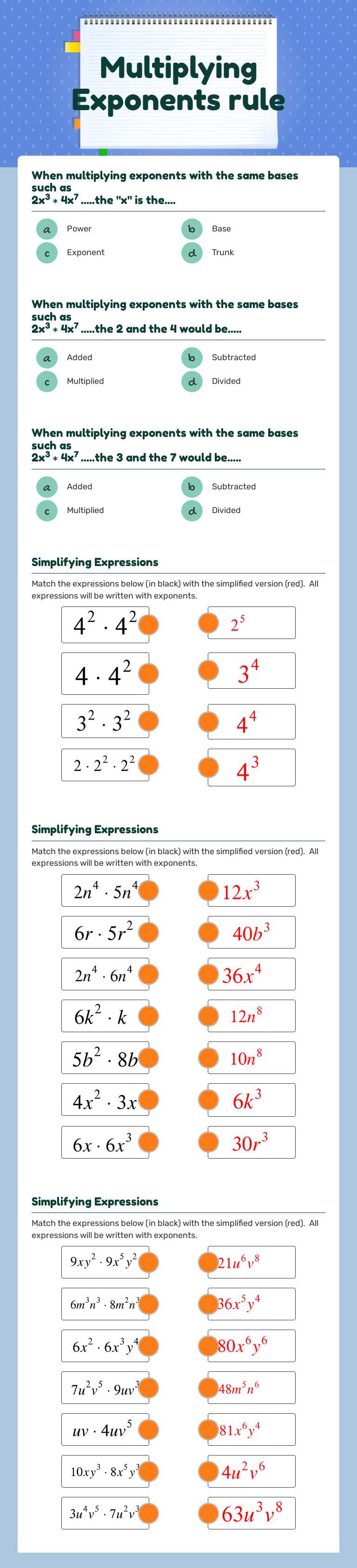 Multiplying Exponents rule worksheet preview image