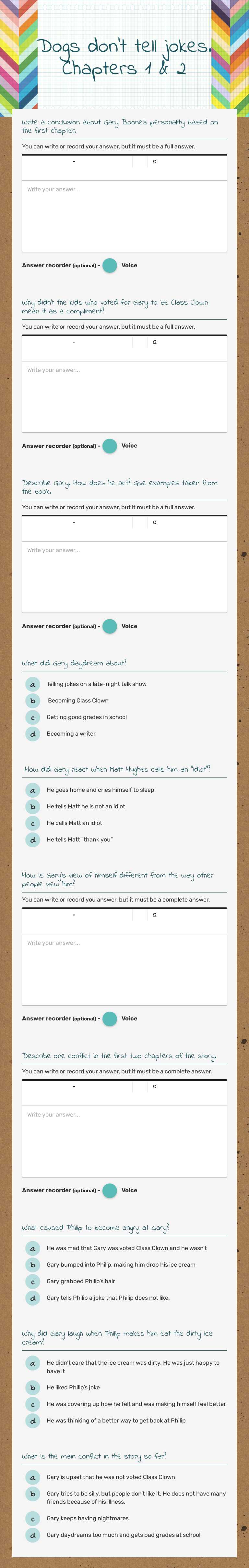 Dogs don't tell jokes. Chapters 1 & 2 worksheet preview image