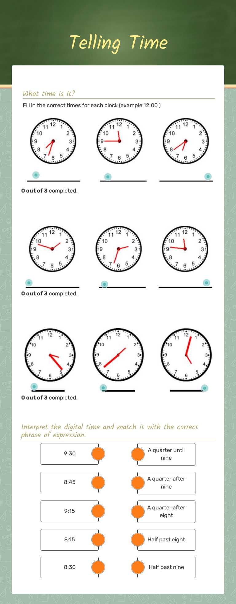 Telling Time worksheet preview image