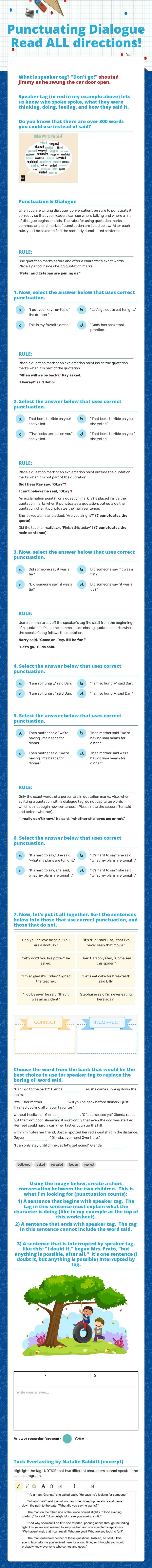 Punctuating Dialogue  Read ALL directions! worksheet preview image