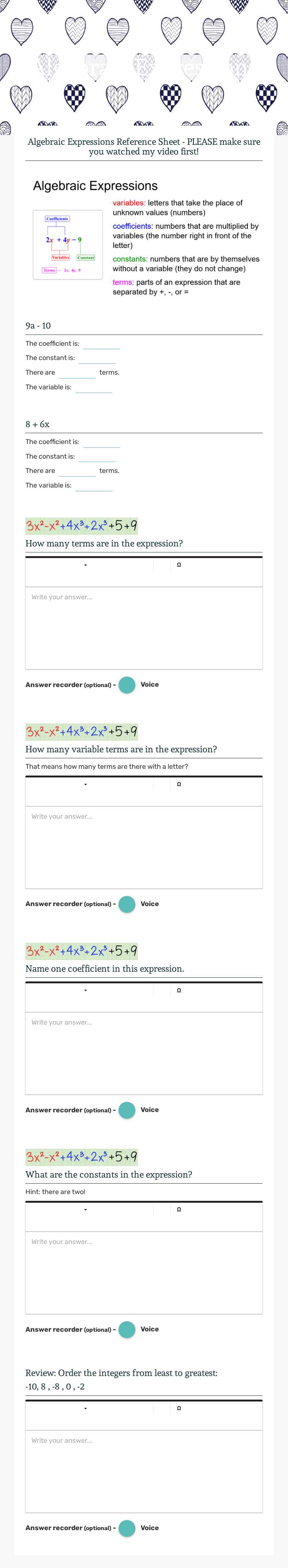 Algebraic Expressions Grade 6 worksheet preview