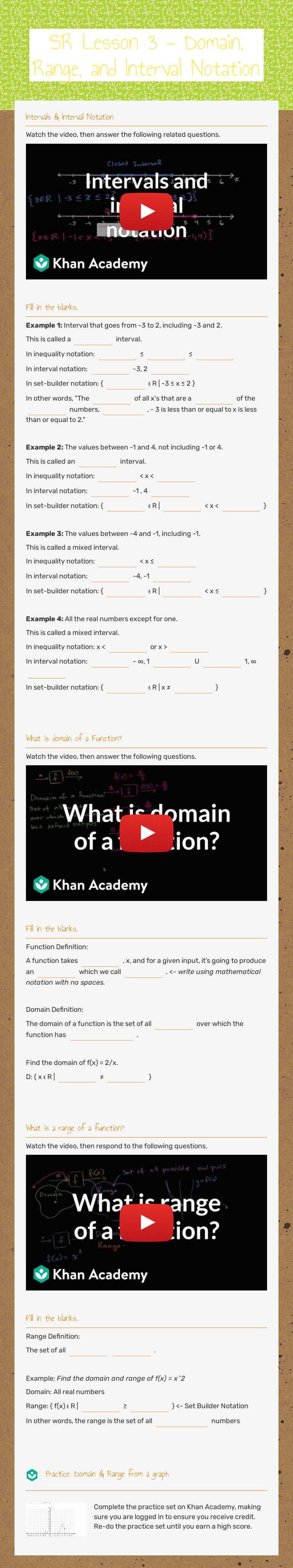 SR Lesson 3 - Domain, Range, and Interval Notation worksheet preview image