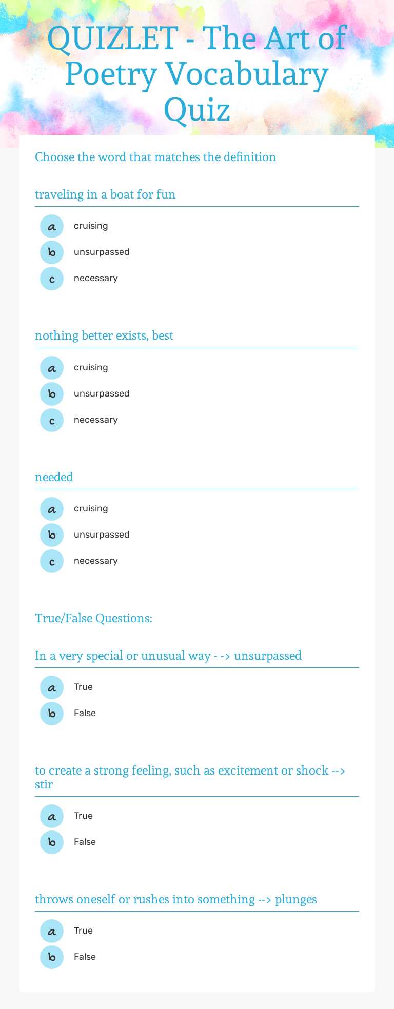 QUIZLET - The Art of Poetry Vocabulary Quiz worksheet preview image