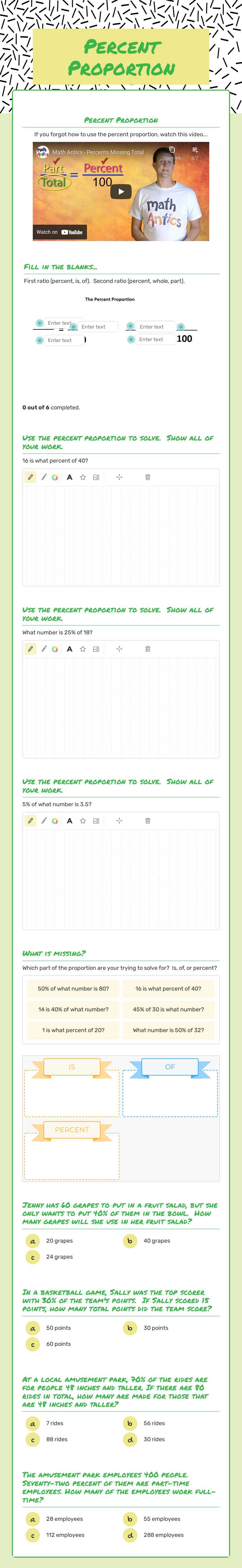 Percent Proportion worksheet preview image