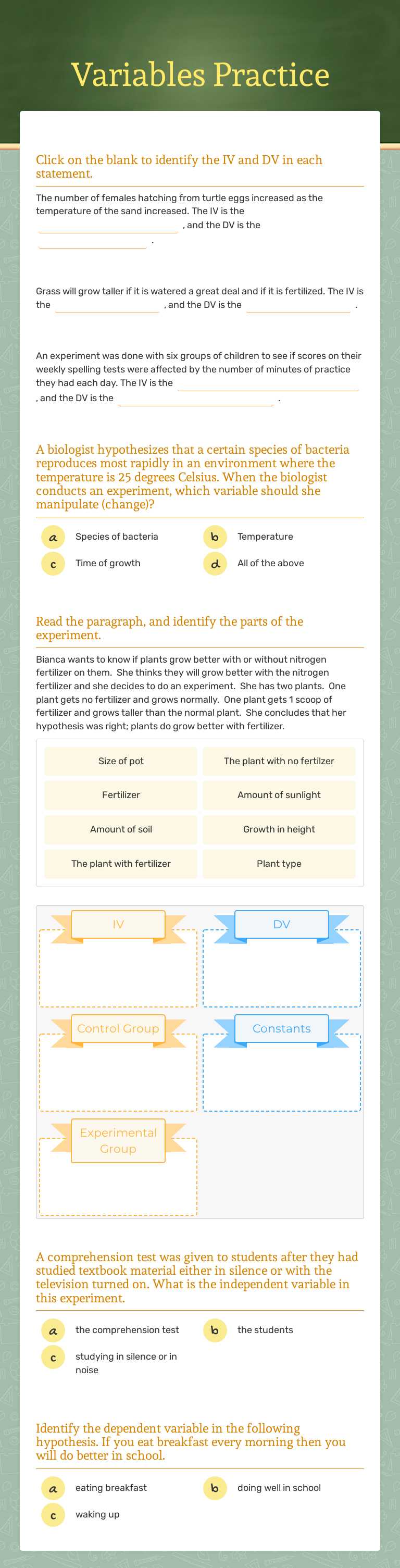 Variables Practice Grade 8 worksheet preview