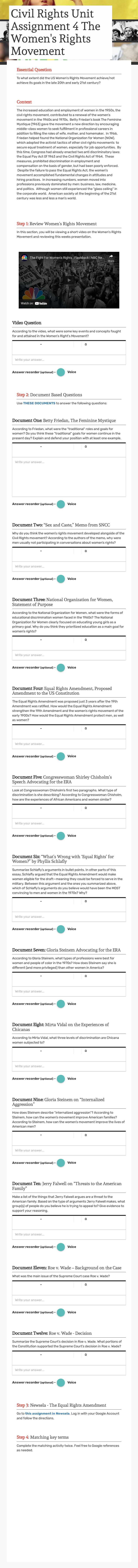 Civil Rights Unit Assignment 4 The Women's Rights Movement Grade 11 worksheet preview