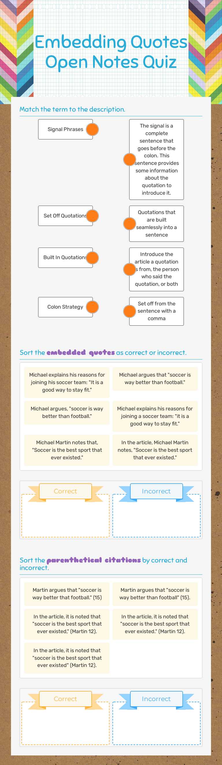 Embedding Quotes Open Notes Quiz worksheet preview image