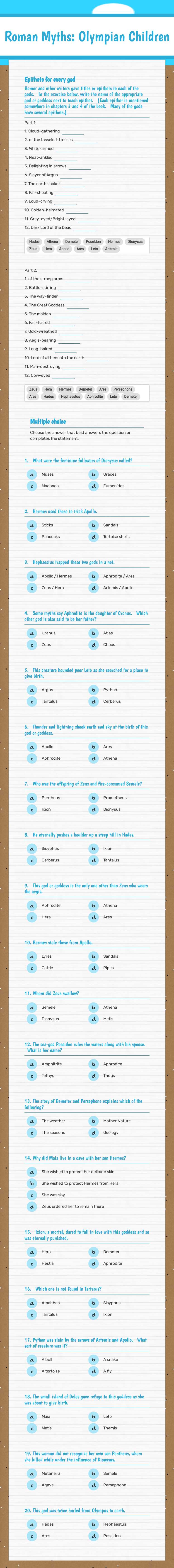 Roman Myths: Olympian Ch… — Grade 10 Other Worksheet | Wizer