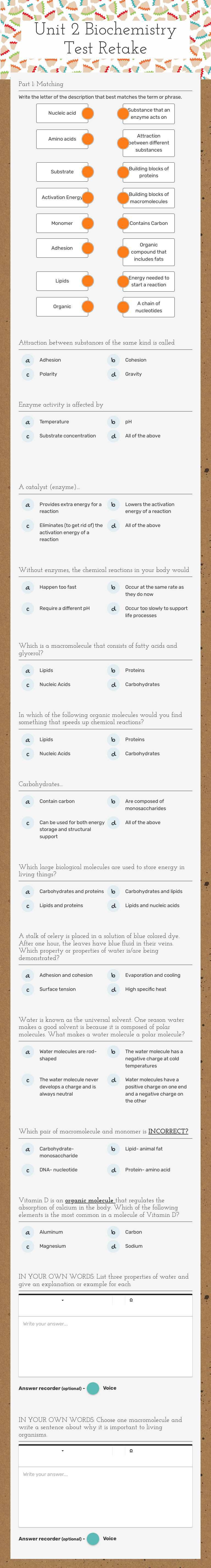 Unit 2 Biochemistry Test Retake worksheet preview image