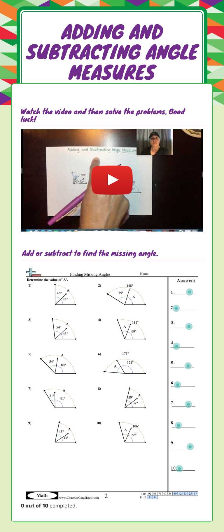 Adding and Subtracting Angle Measures worksheet preview image