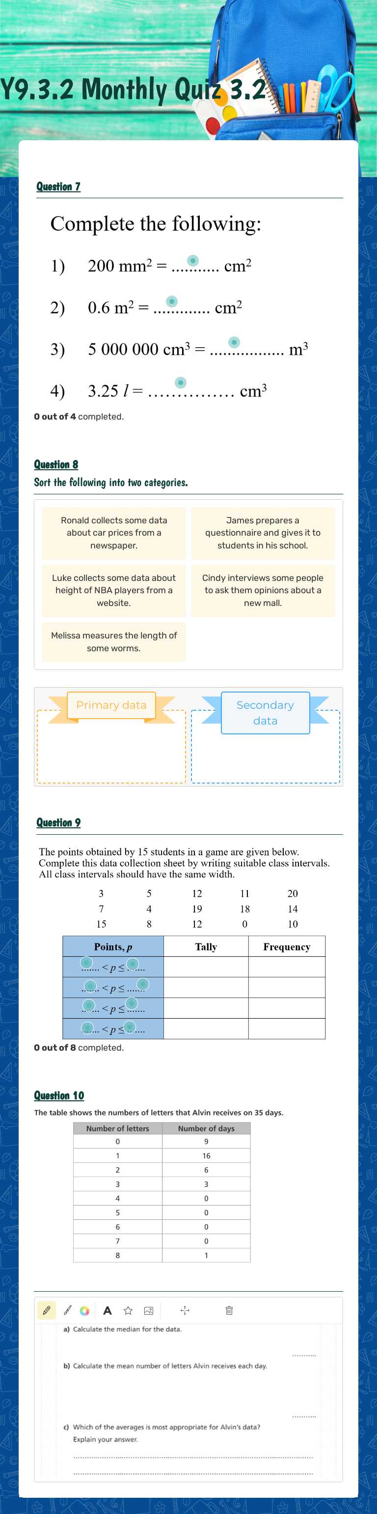Y9.3.2 Monthly Quiz 3.2 worksheet preview image