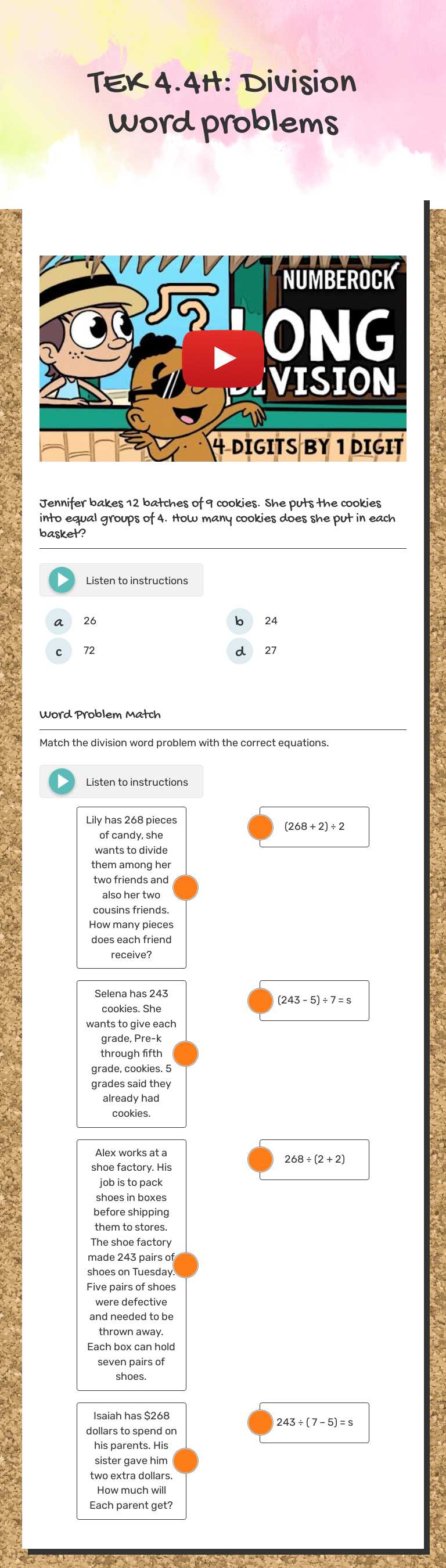 TEK 4.4H: Division Word problems worksheet preview image