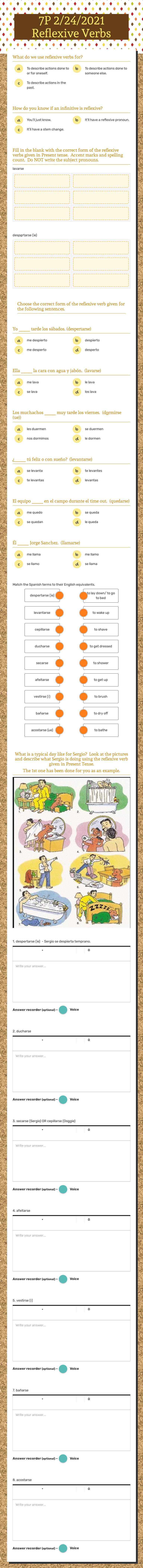 7P 2/24/2021 Reflexive Verbs worksheet preview image