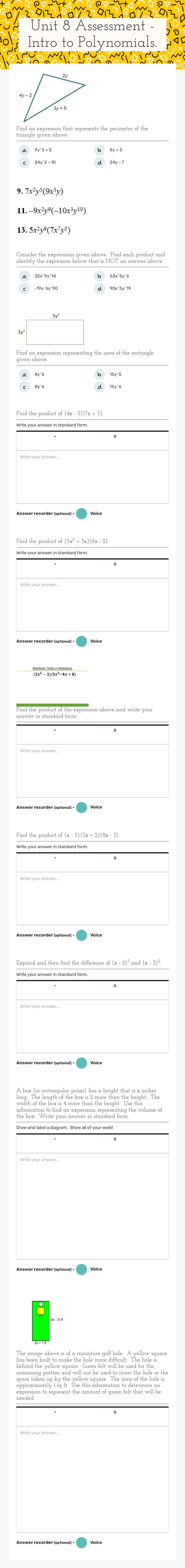 Unit 8 Assessment - Intro to Polynomials. worksheet preview image