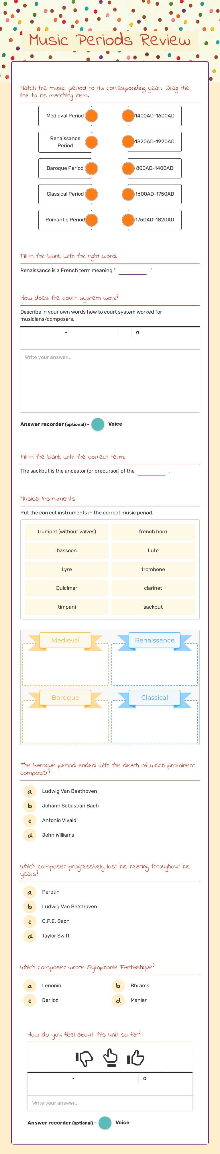 Music Periods Review worksheet preview image
