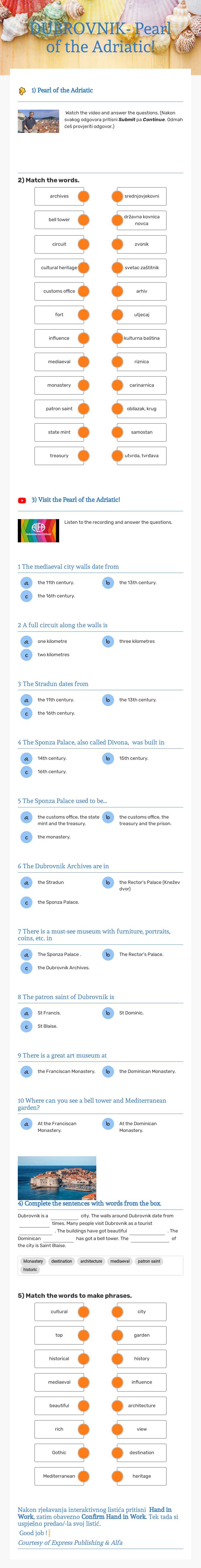 DUBROVNIK- Pearl of the Adriatic! Grade 7 worksheet preview
