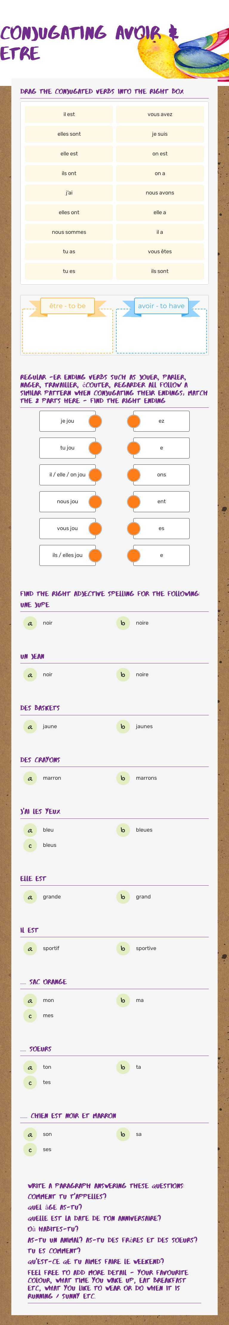 Conjugating avoir & etre worksheet preview image