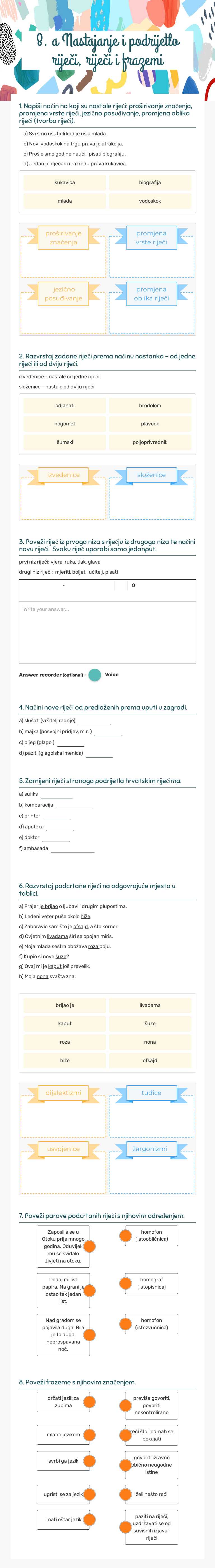 8. a Nastajanje i podrijetlo riječi, riječi i frazemi worksheet preview image