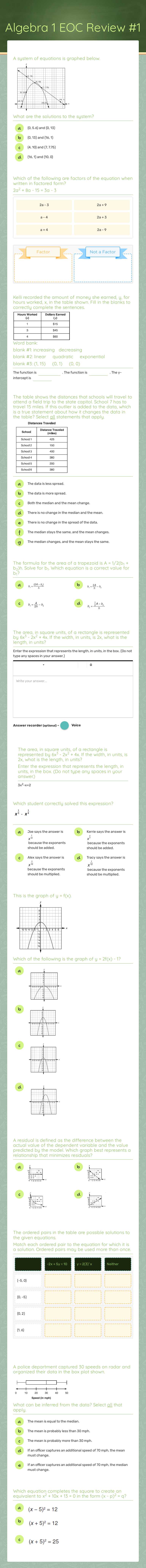 Algebra 1 EOC Review #1 Grade 9 worksheet preview