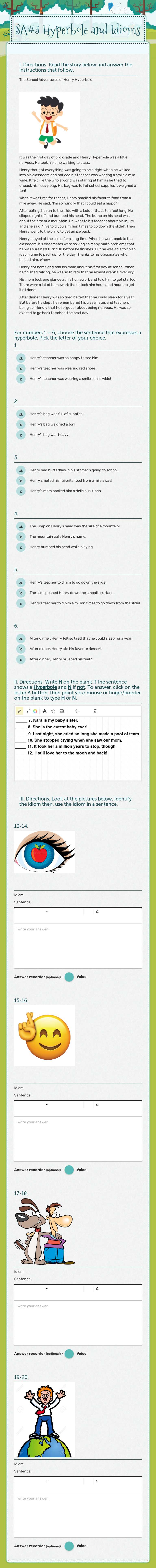 SA#3 Hyperbole and Idioms Grade 3 worksheet preview