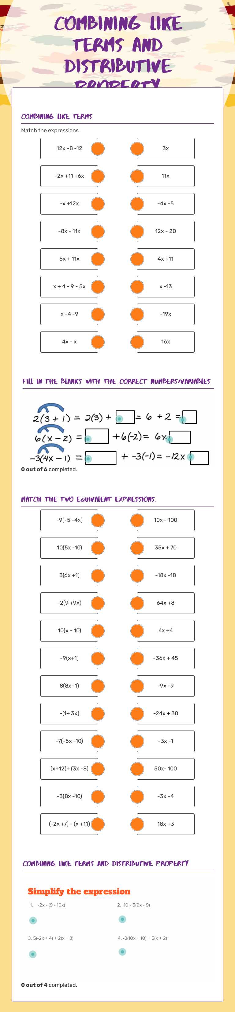 Combining Like Terms and Distributive Property Grade 7 worksheet preview