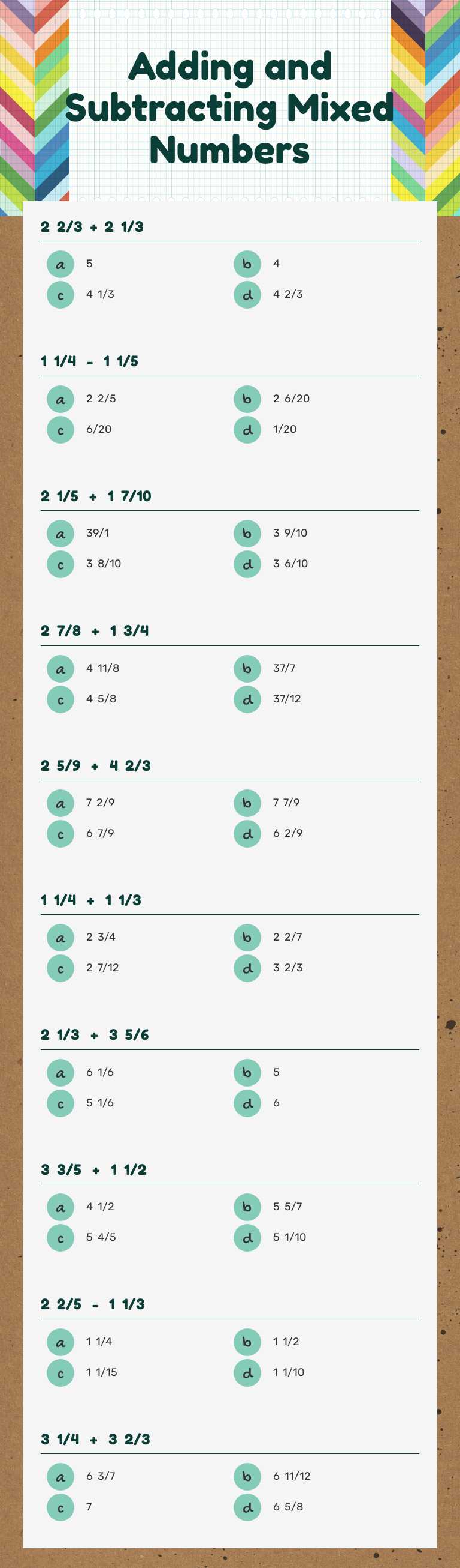 Adding and Subtracting Mixed Numbers worksheet preview image