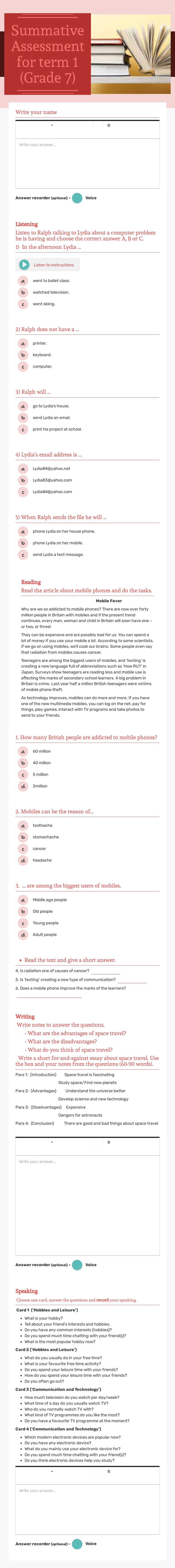 Summative Assessment for term 1 (Grade 7) worksheet preview image