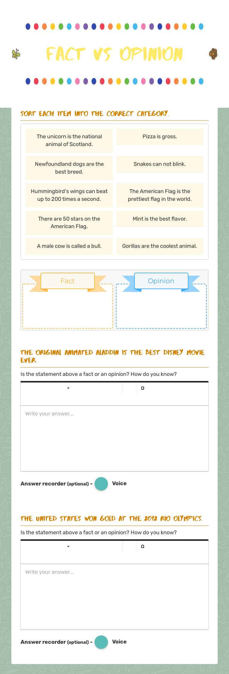 Fact Vs Opinion Grade 4 worksheet preview