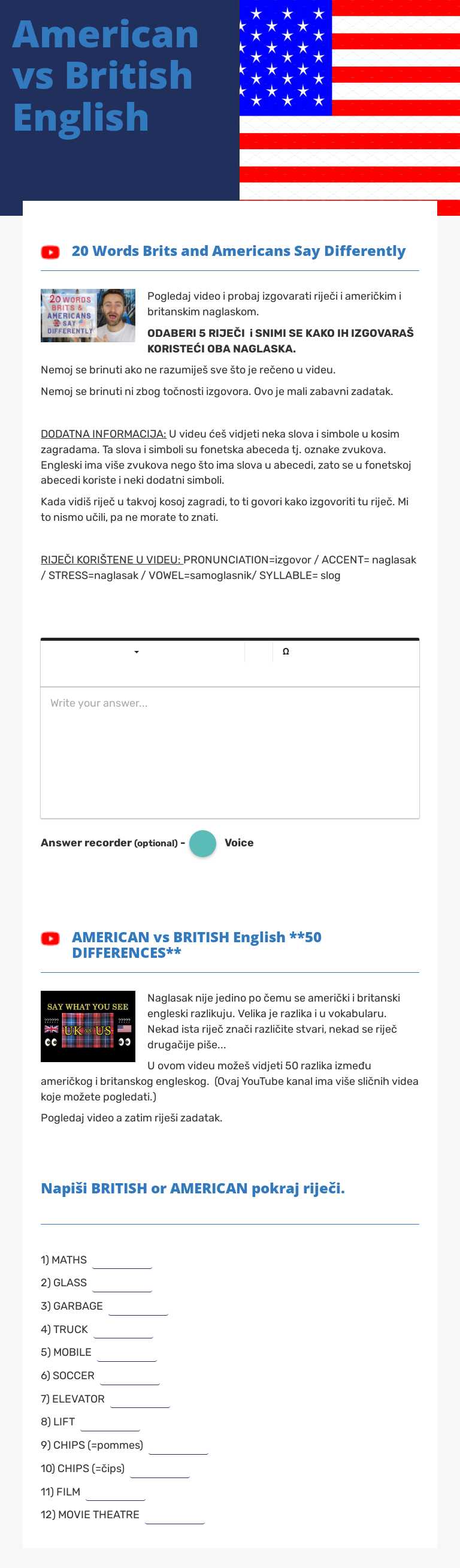 American vs British English worksheet preview image