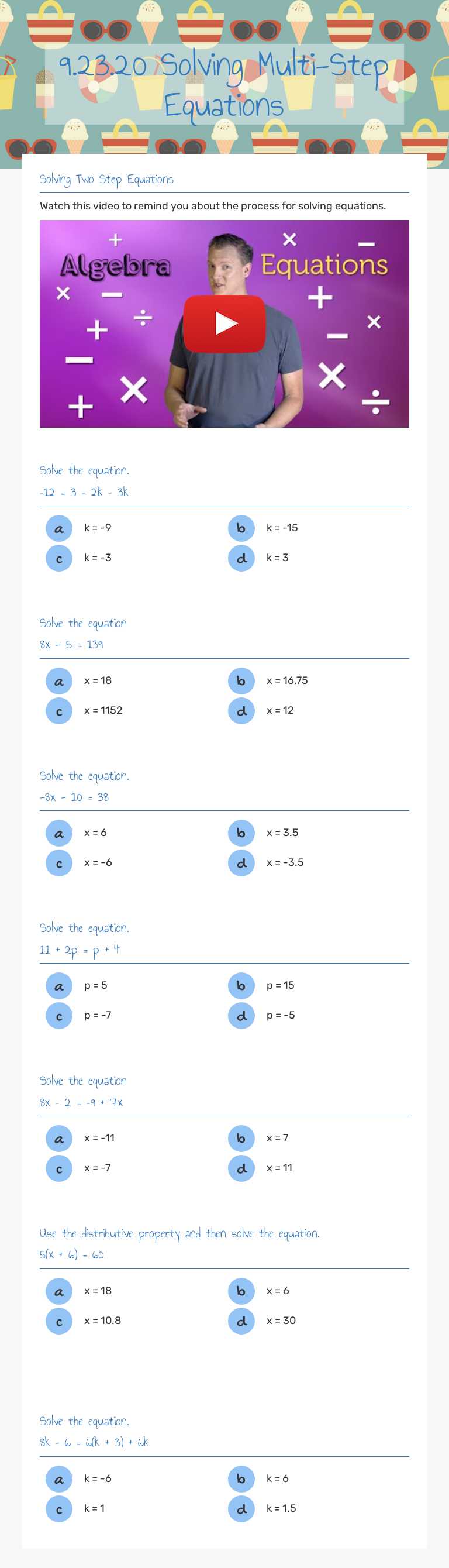 9.23.20           Solving Multi-Step Equations Grade 8 worksheet preview