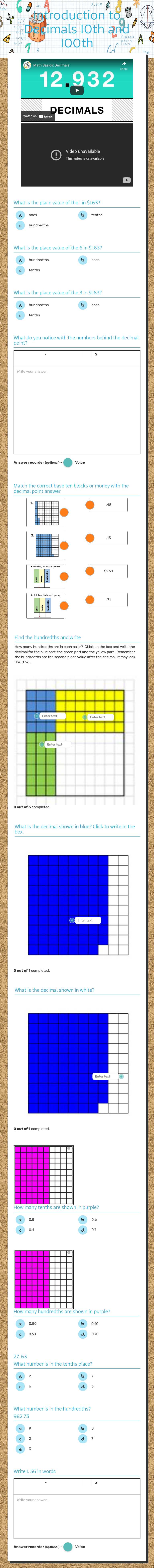 Introduction                             
                 to Decimals                           10th and 100th worksheet preview image