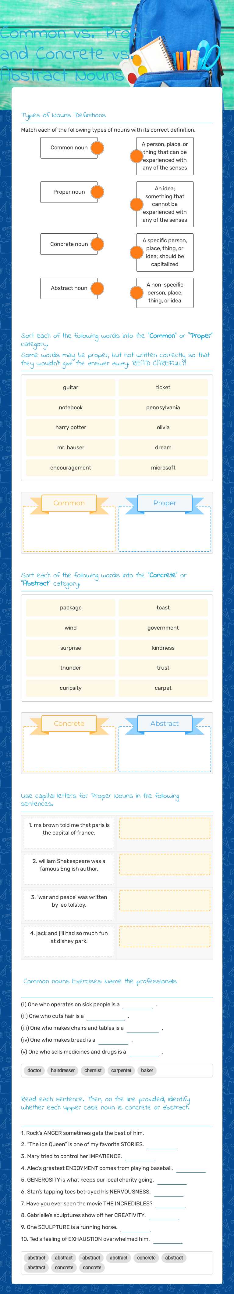 Common vs. Proper and Concrete vs. Abstract Nouns worksheet preview image