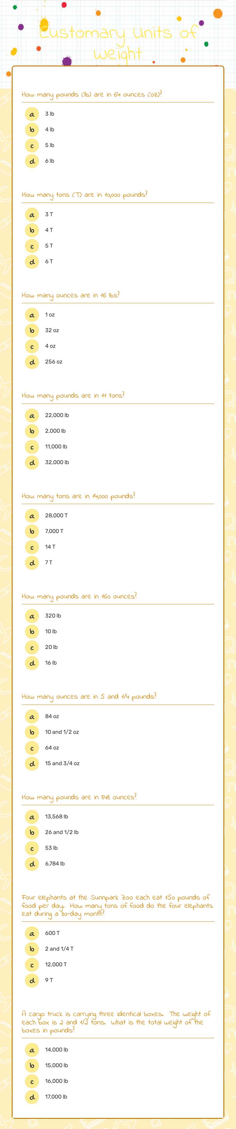 Customary Units of Weight worksheet preview image