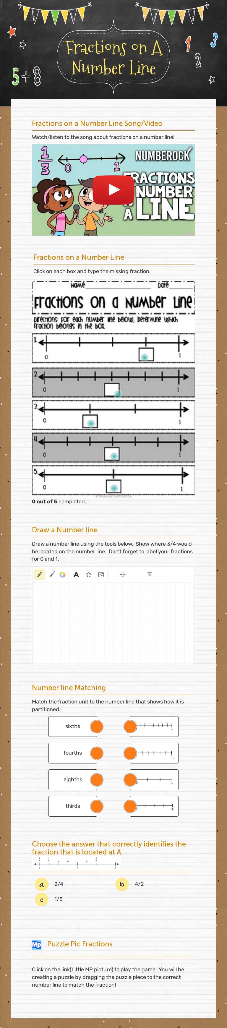 Fractions on A Number Line worksheet preview image