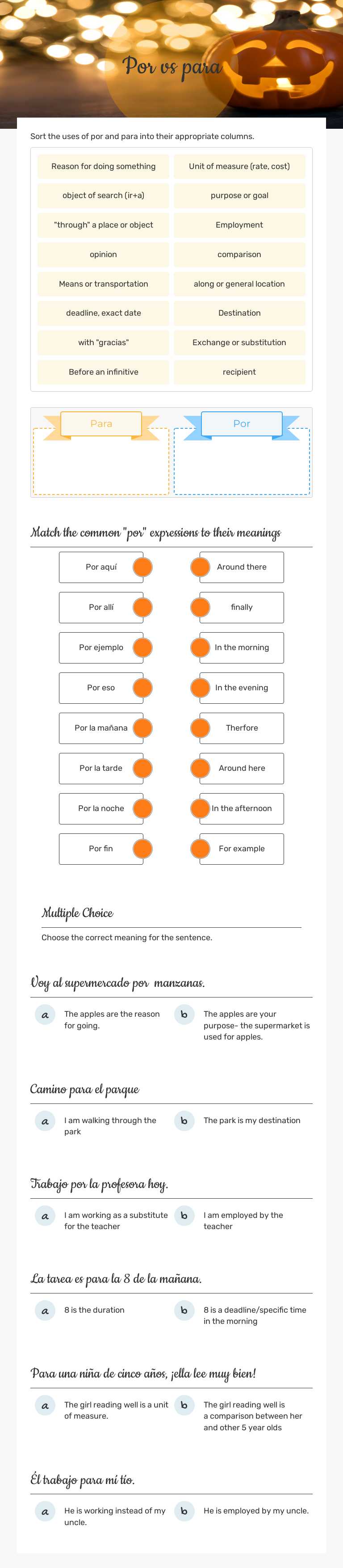 Por vs para worksheet preview image