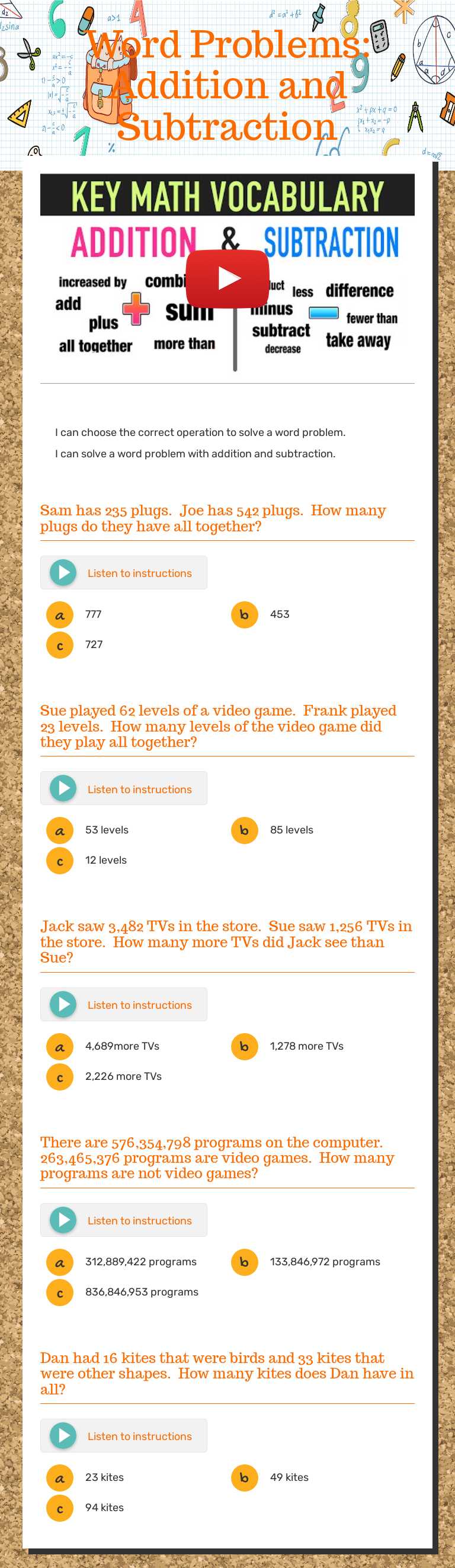 Word  Problems:  Addition and Subtraction worksheet preview image