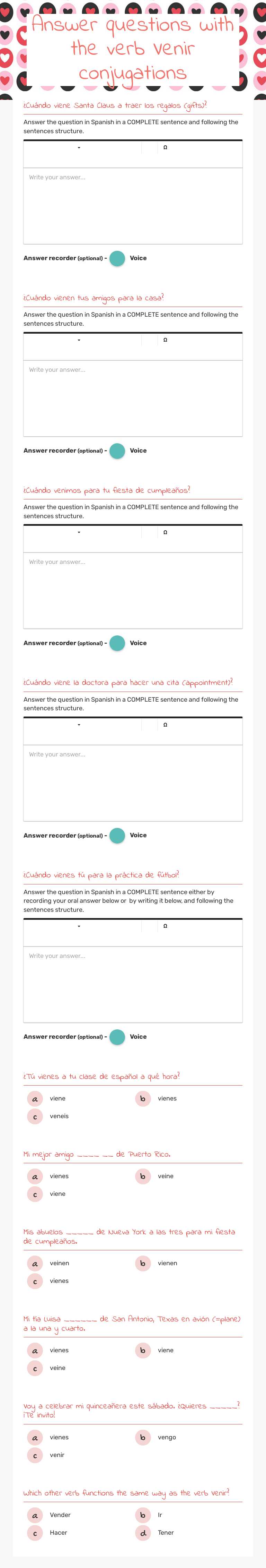 Answer questions with the verb Venir conjugations worksheet preview image