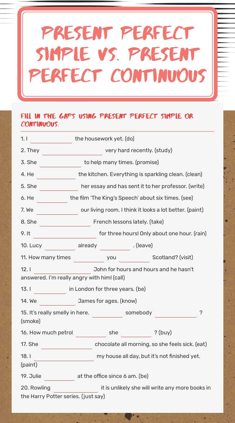 PRESENT PERFECT SIMPLE VS. PRESENT PERFECT CONTINUOUS Other worksheet preview
