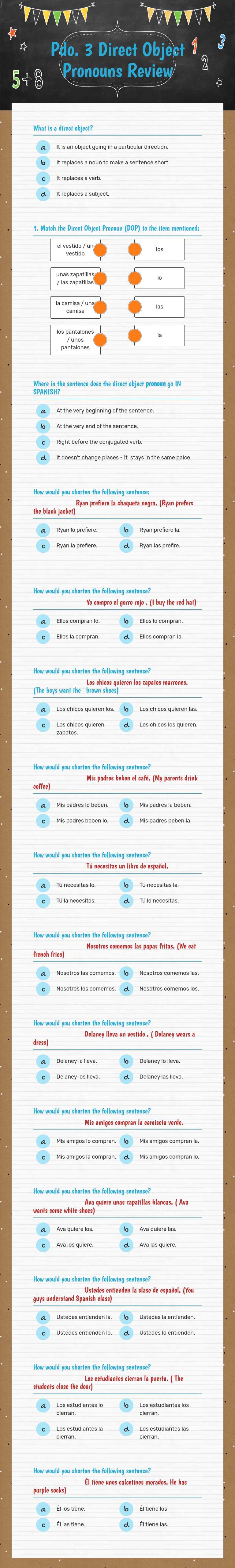 Pdo. 3 Direct Object Pronouns Review Grade 7 worksheet preview