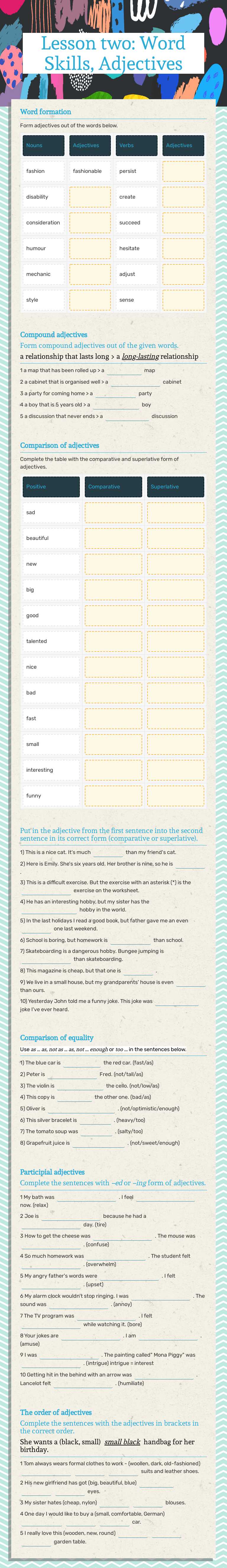 Lesson two: Word Skills, Adjectives worksheet preview image