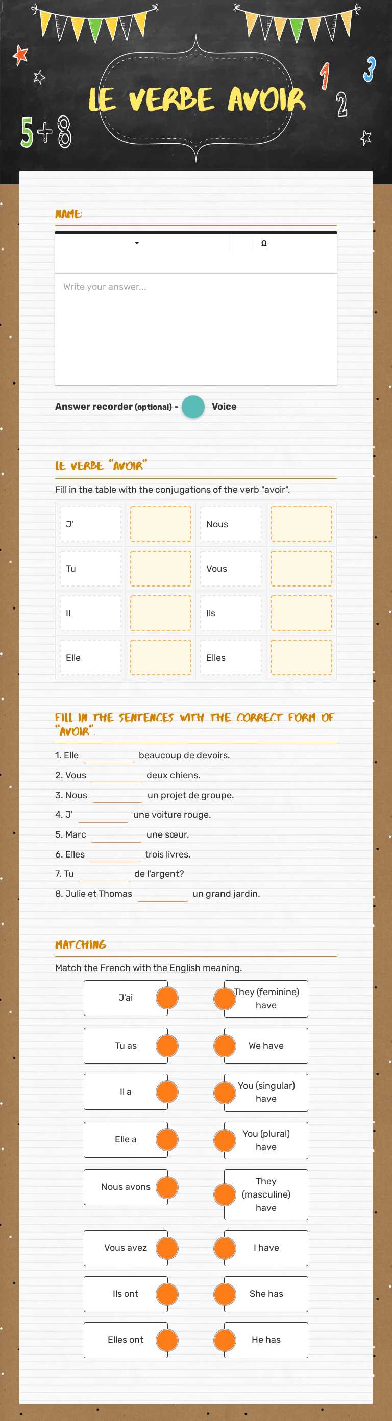 Le Verbe avoir worksheet preview image