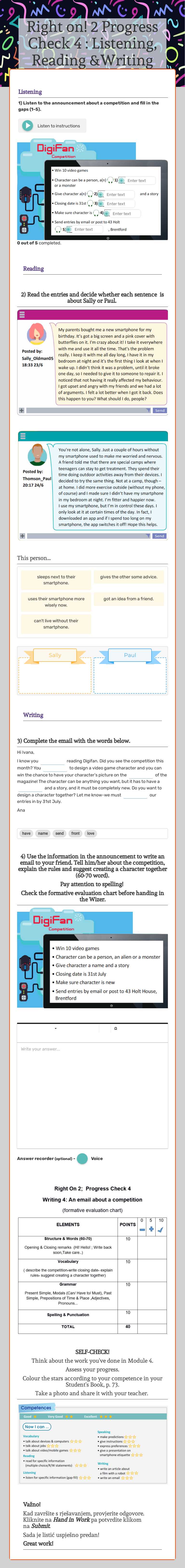 Right on! 2  
Progress Check 4 : Listening, Reading &Writing worksheet preview image
