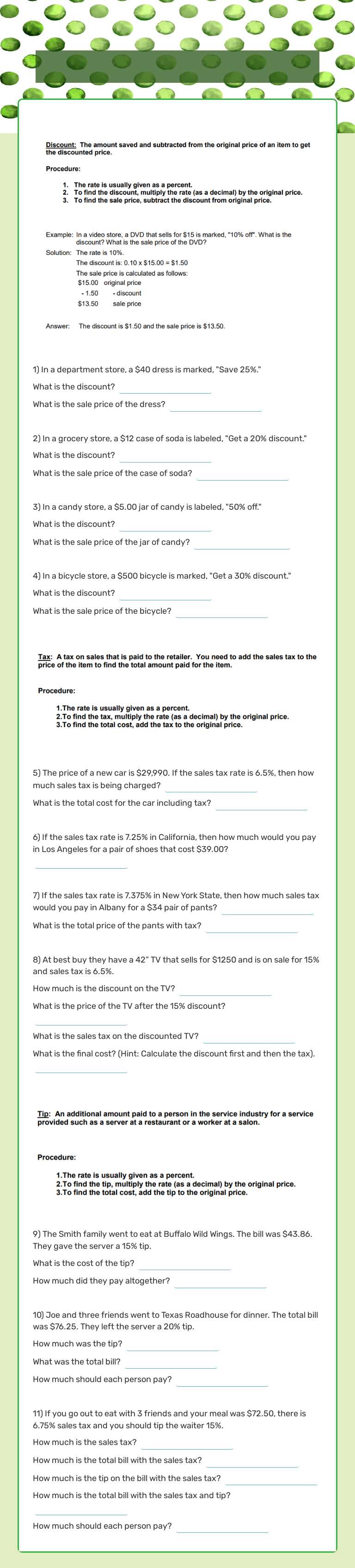 Discount, Tax and Tip Grade 7 worksheet preview
