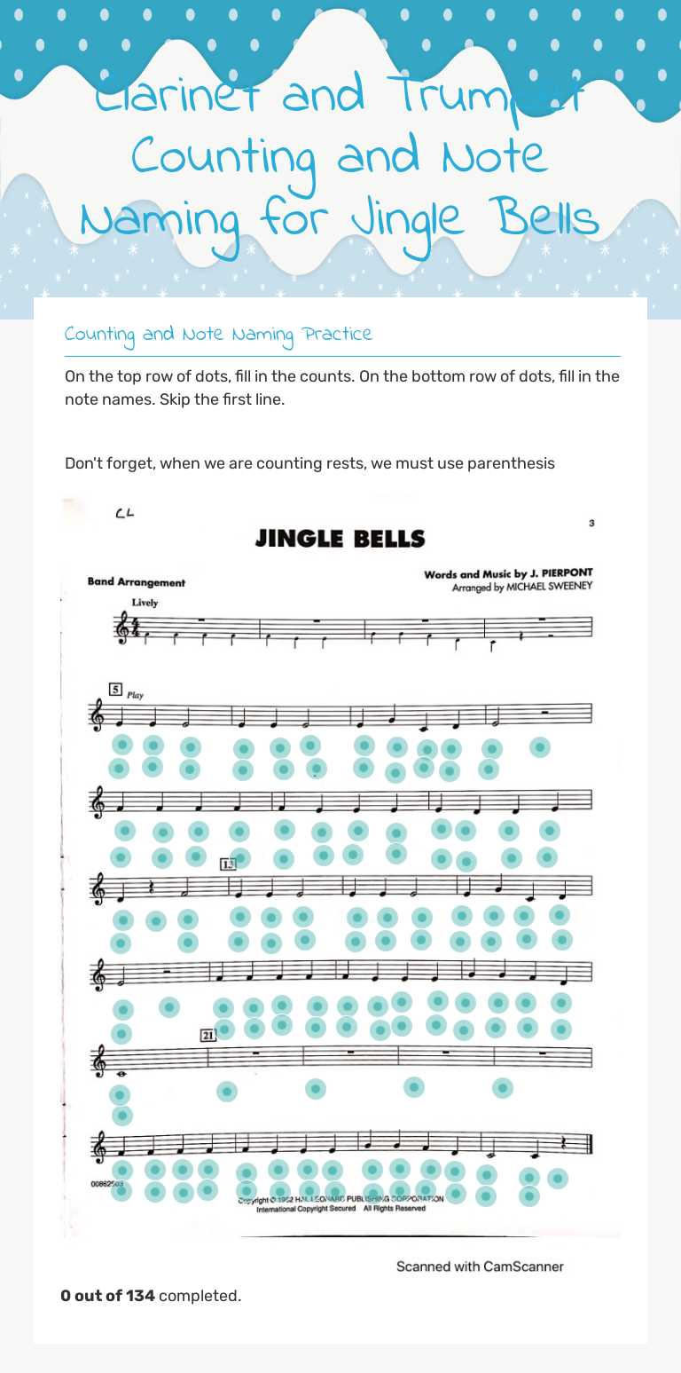 Clarinet and Trumpet Counting and Note Naming for Jingle Bells worksheet preview image